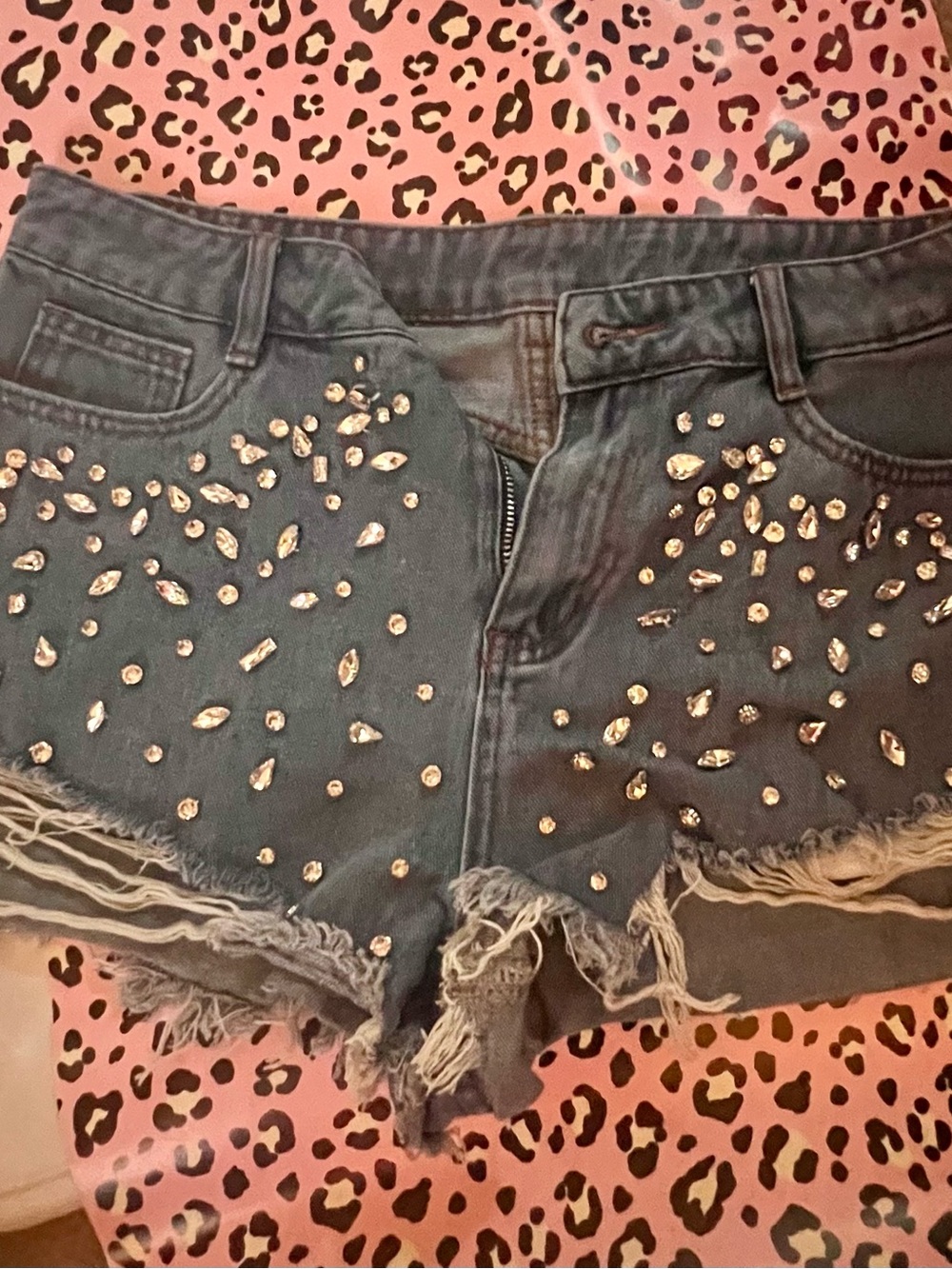 SHEIN Blue  Distressed Jean Shorts with silver Rhinestones